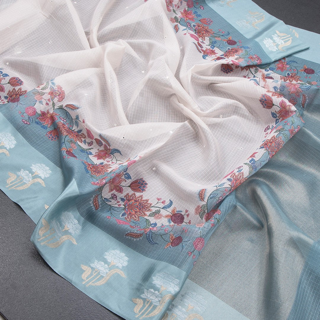 Kota Cream Saree With Mirror Buttas On The body And Zari Border 02 - Kumaran Silks