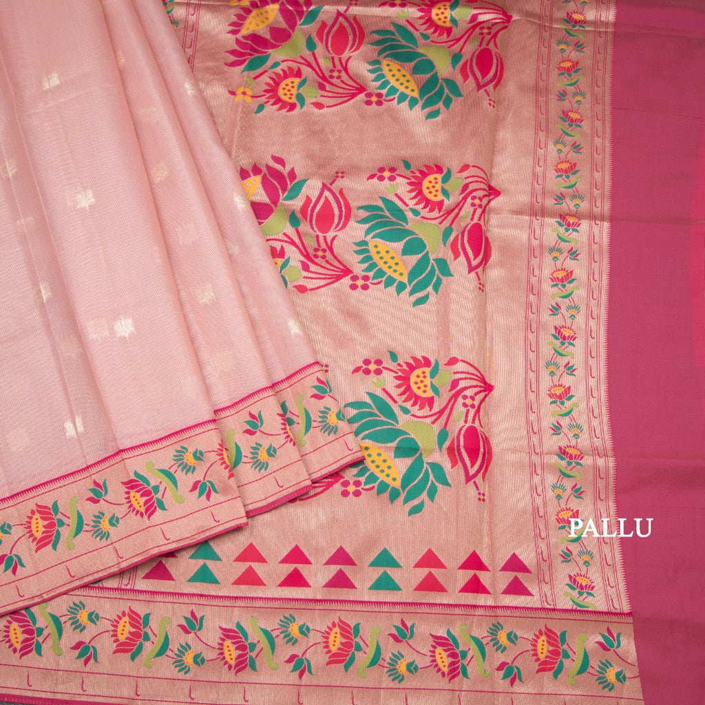 Tissue Light Peach Stripes Saree With Zari Buttas And Banaras Border