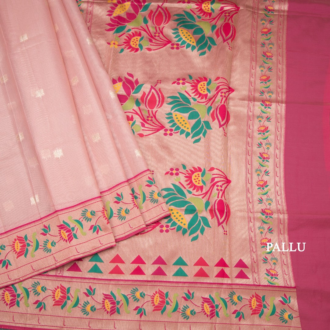 Tissue Light Peach Stripes Saree With Zari Buttas And Banaras Border