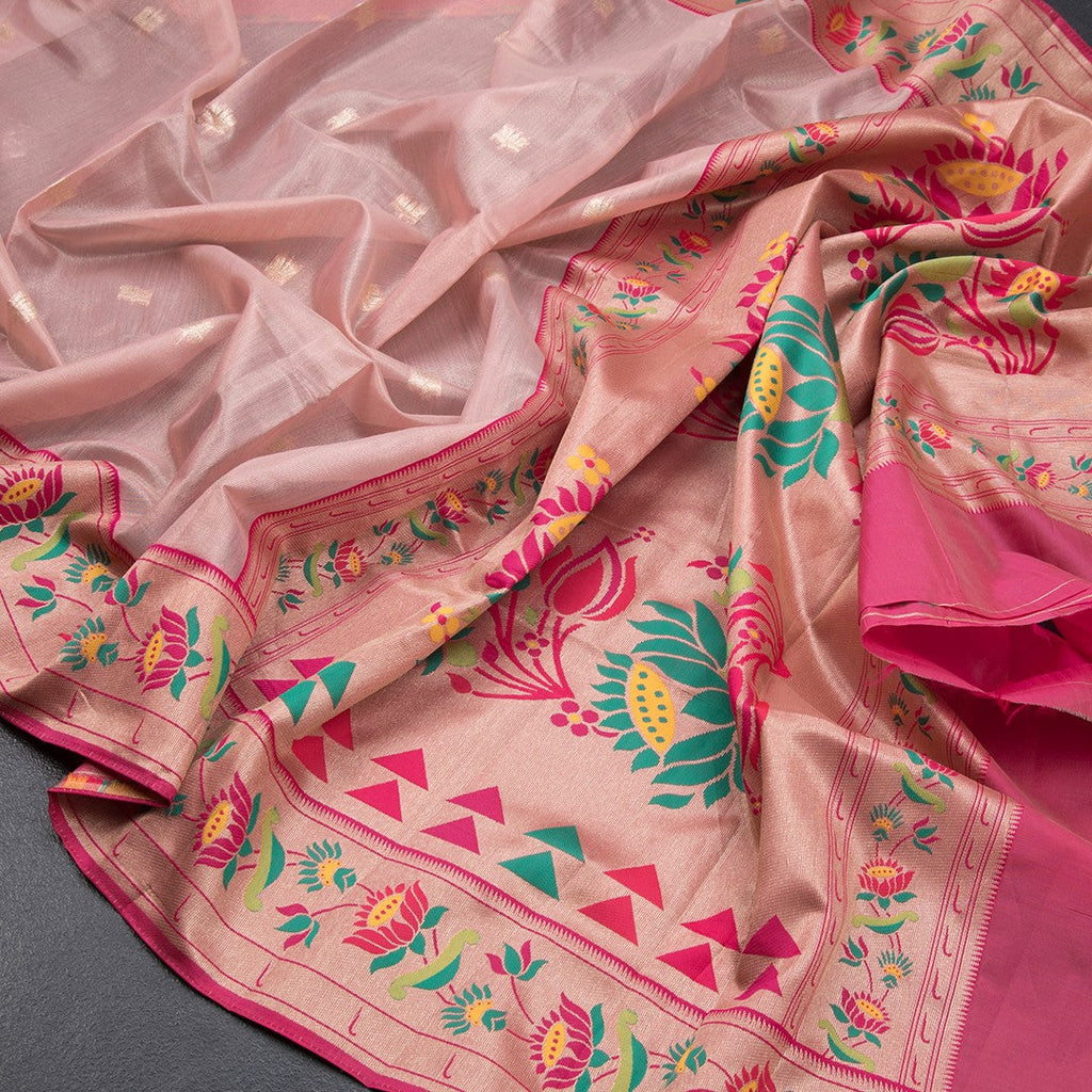 Tissue Light Peach Stripes Saree With Zari Buttas And Banaras Border - Kumaran Silks