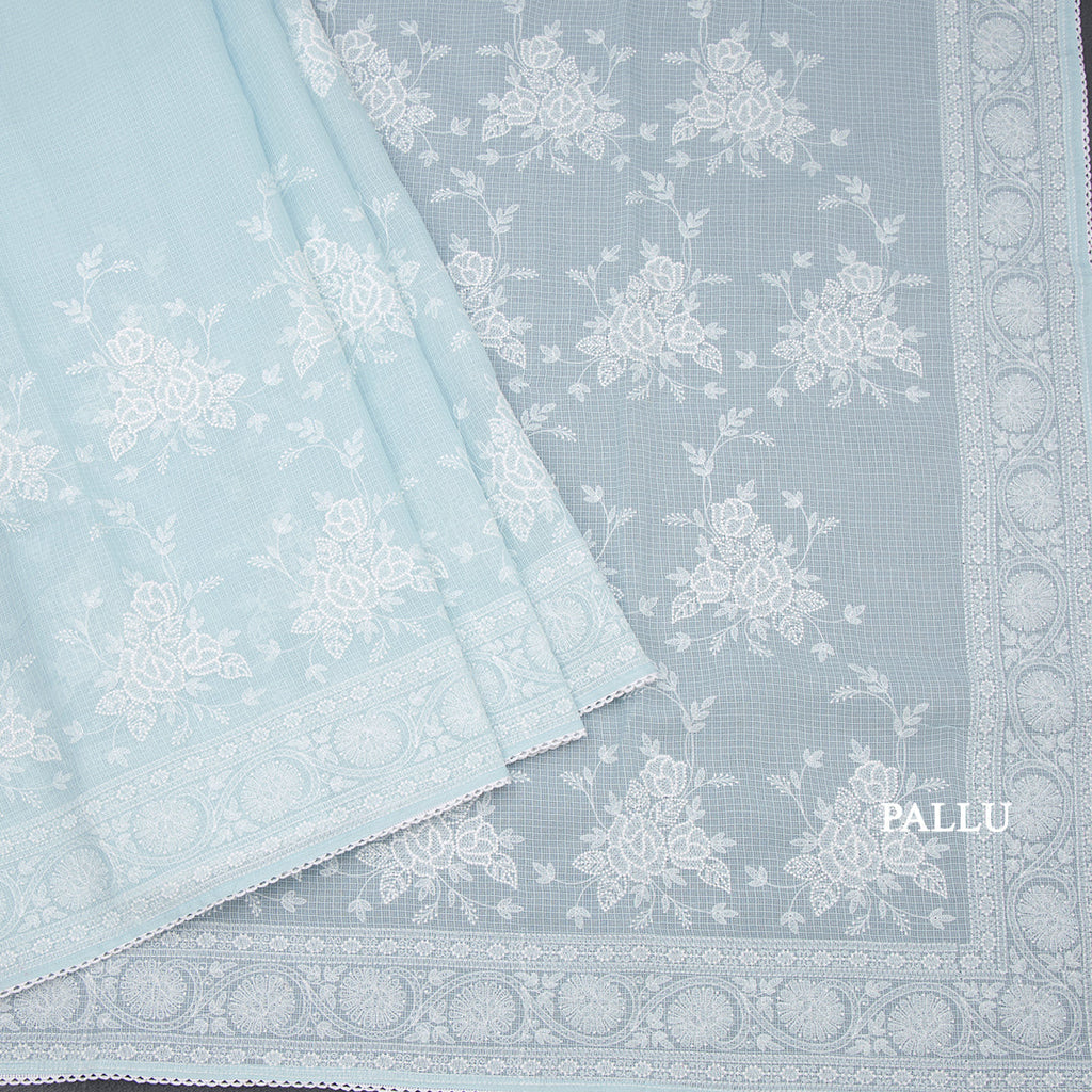 Kota Light Blue Floral Thread Work Saree