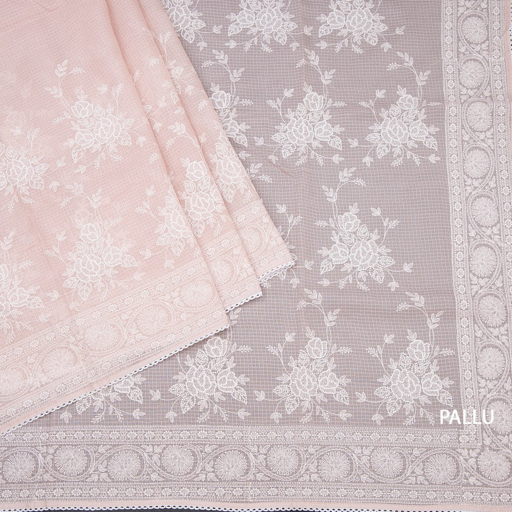 Kota Light Peach Floral Thread Work Saree