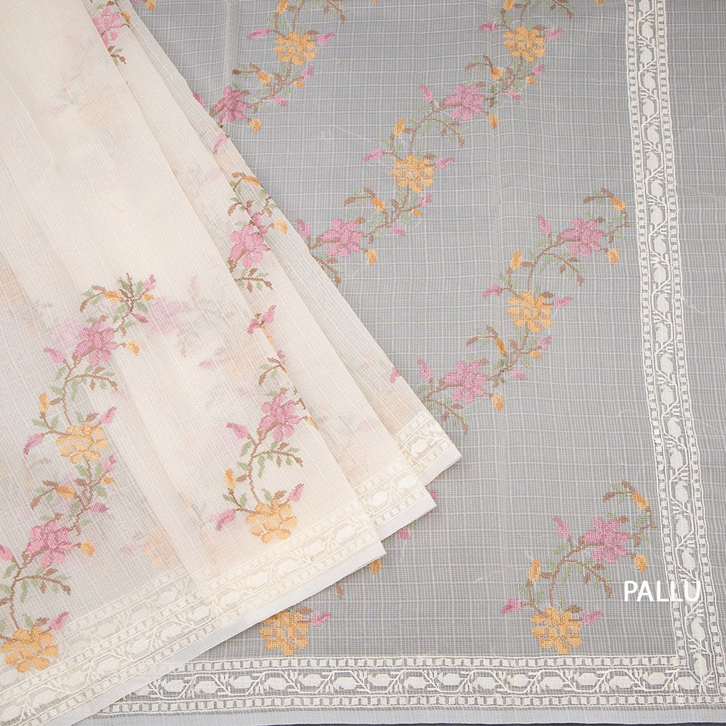 Kota Cream Floral Thread Work Saree 02