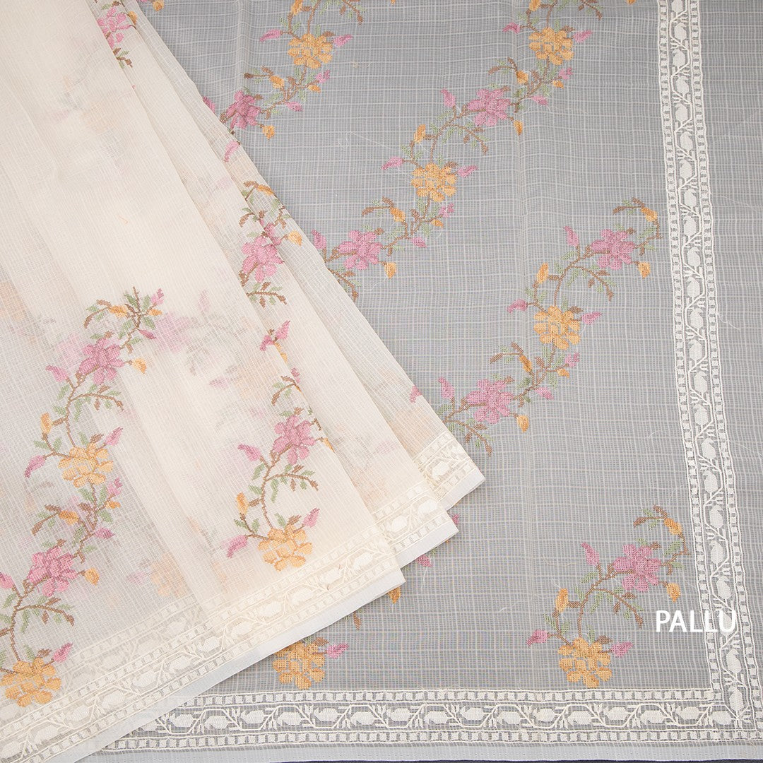 Kota Cream Floral Thread Work Saree 02