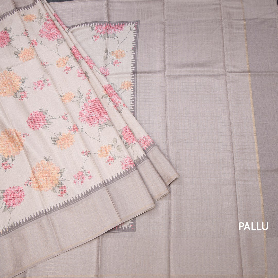 Tussar Cream Floral Printed Saree And Zari Checks Border
