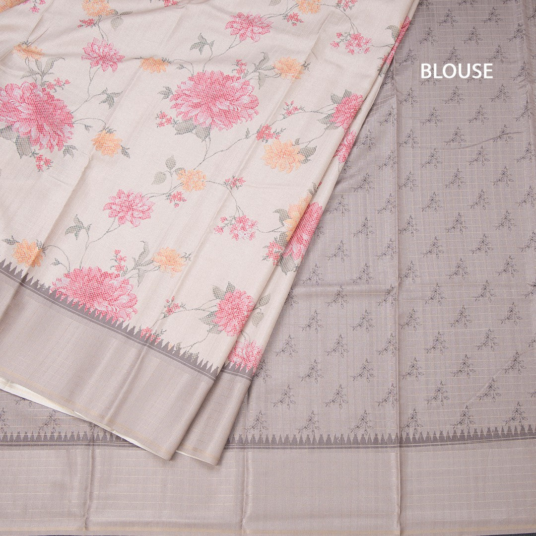 Tussar Cream Floral Printed Saree And Zari Checks Border