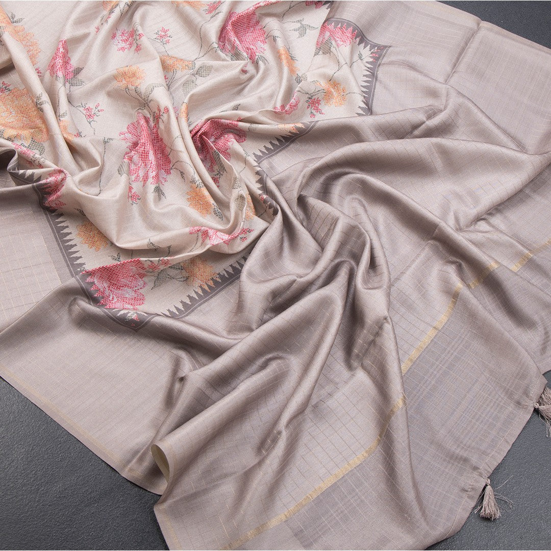 Tussar Cream Floral Printed Saree And Zari Checks Border - Kumaran Silks