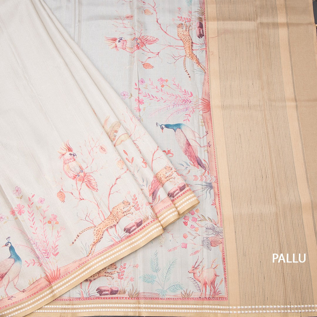 Raw Silk Cream Printed Saree With Forest Design
