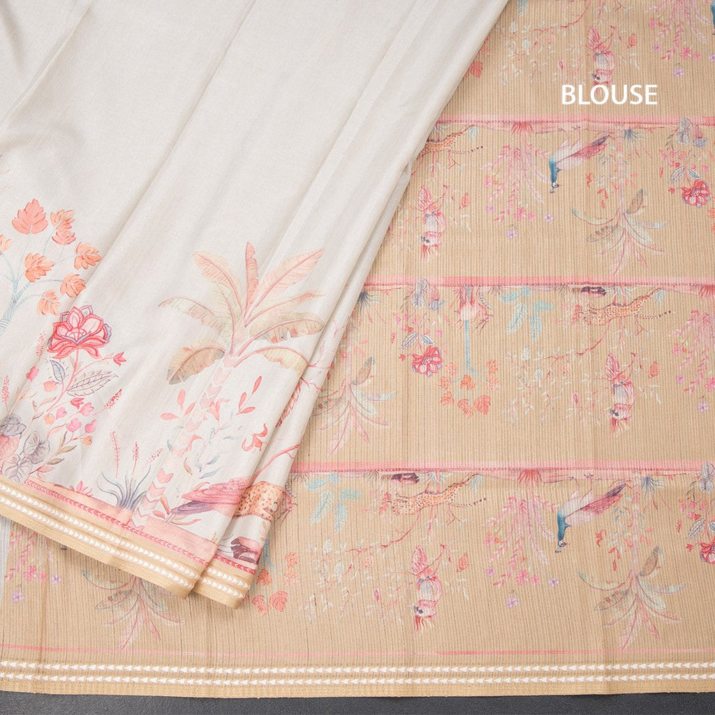 Raw Silk Cream Printed Saree With Forest Design