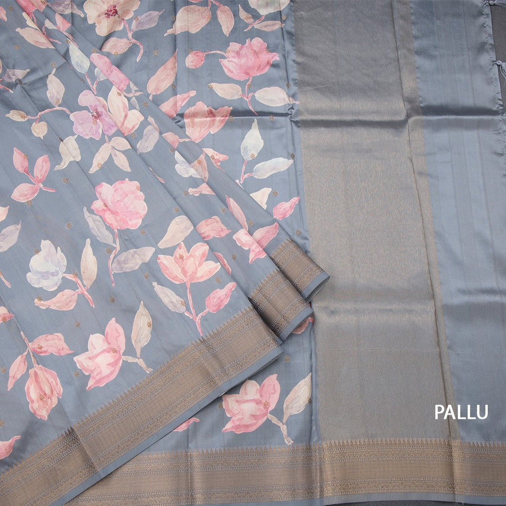 Raw Silk Grey Floral Printed Saree And Zari Border
