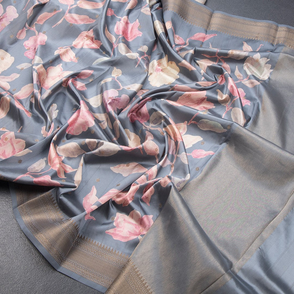 Raw Silk Grey Floral Printed Saree And Zari Border - Kumaran Silks