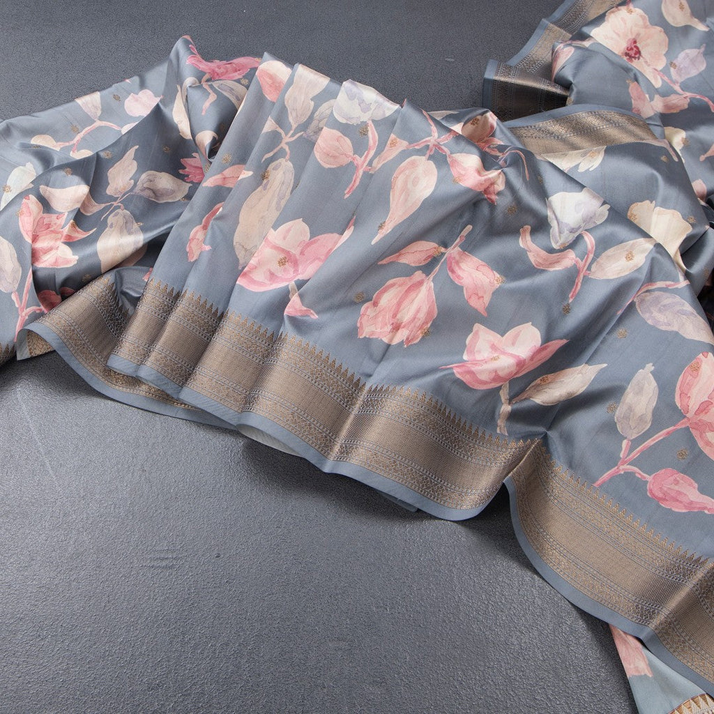 Raw Silk Grey Floral Printed Saree And Zari Border
