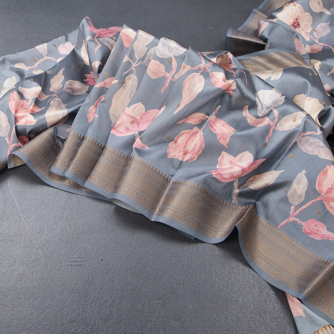 Raw Silk Grey Floral Printed Saree And Zari Border