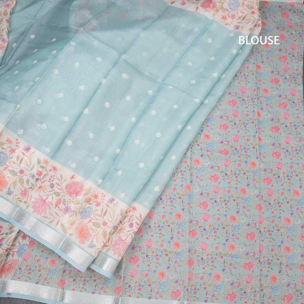 Kota Powder Blue Saree With Thread Buttas And Printed With Zari Border