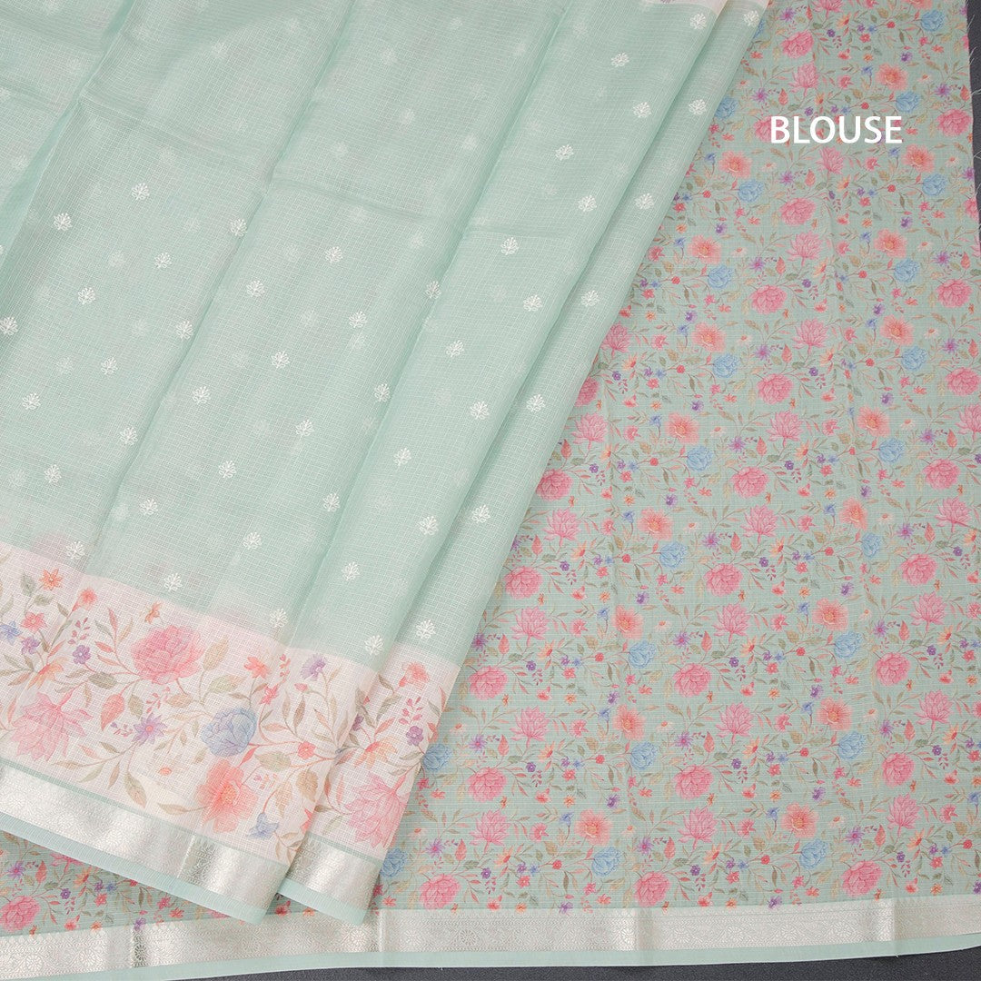 Kota Mint Green Saree With Thread Buttas And Printed With Zari Border
