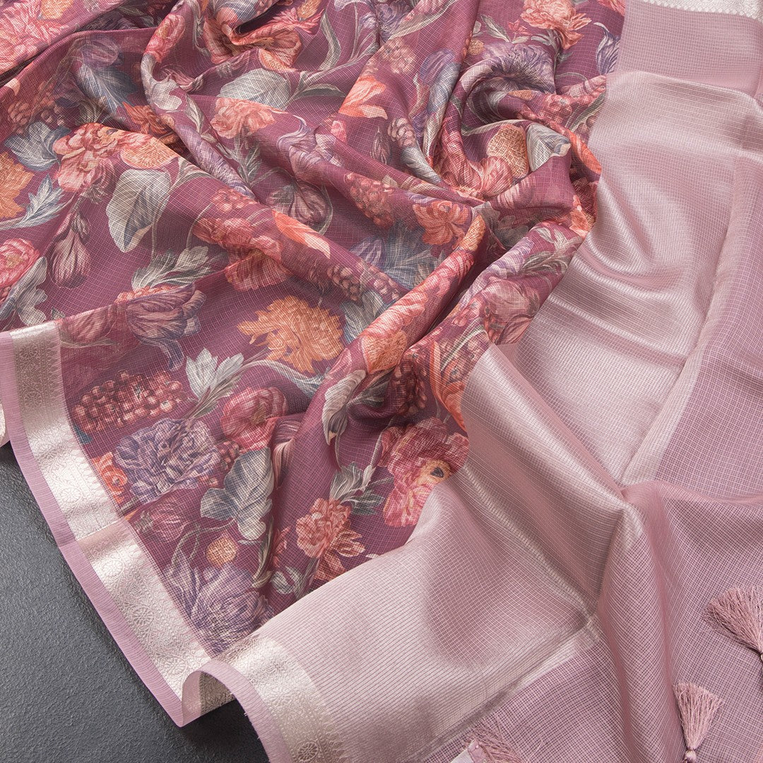 Kota Wine Floral Printed Saree And Zari Border - Kumaran Silks