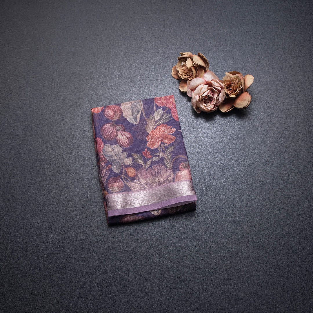 Kota Purple Floral Printed Saree And Zari Border