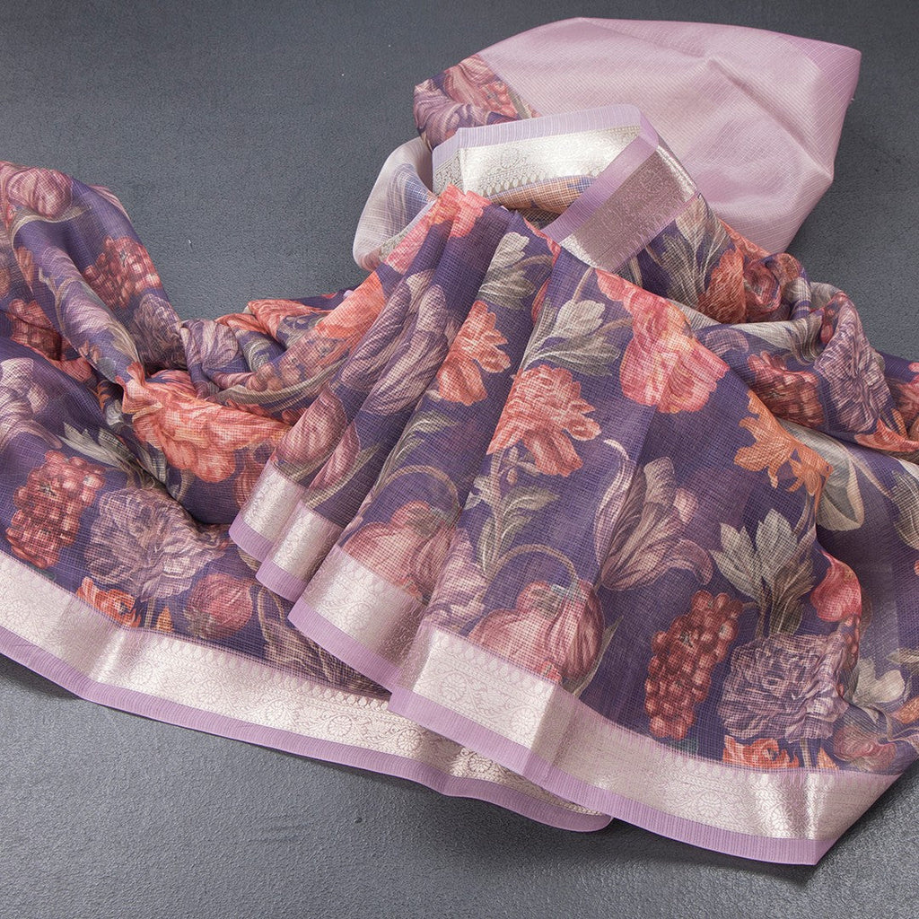 Kota Purple Floral Printed Saree And Zari Border