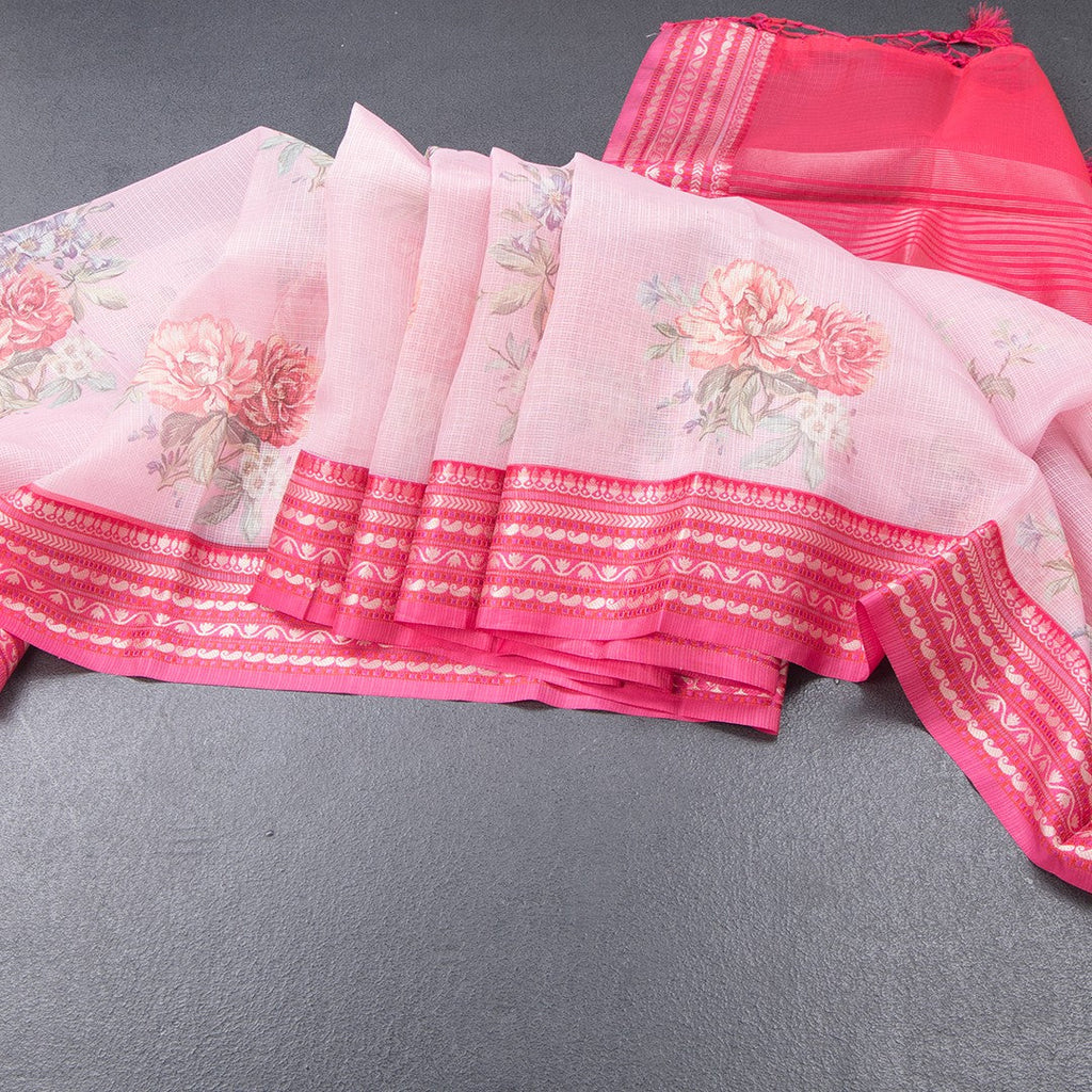 Kota Rose Pink Floral Printed Saree And Zari Border