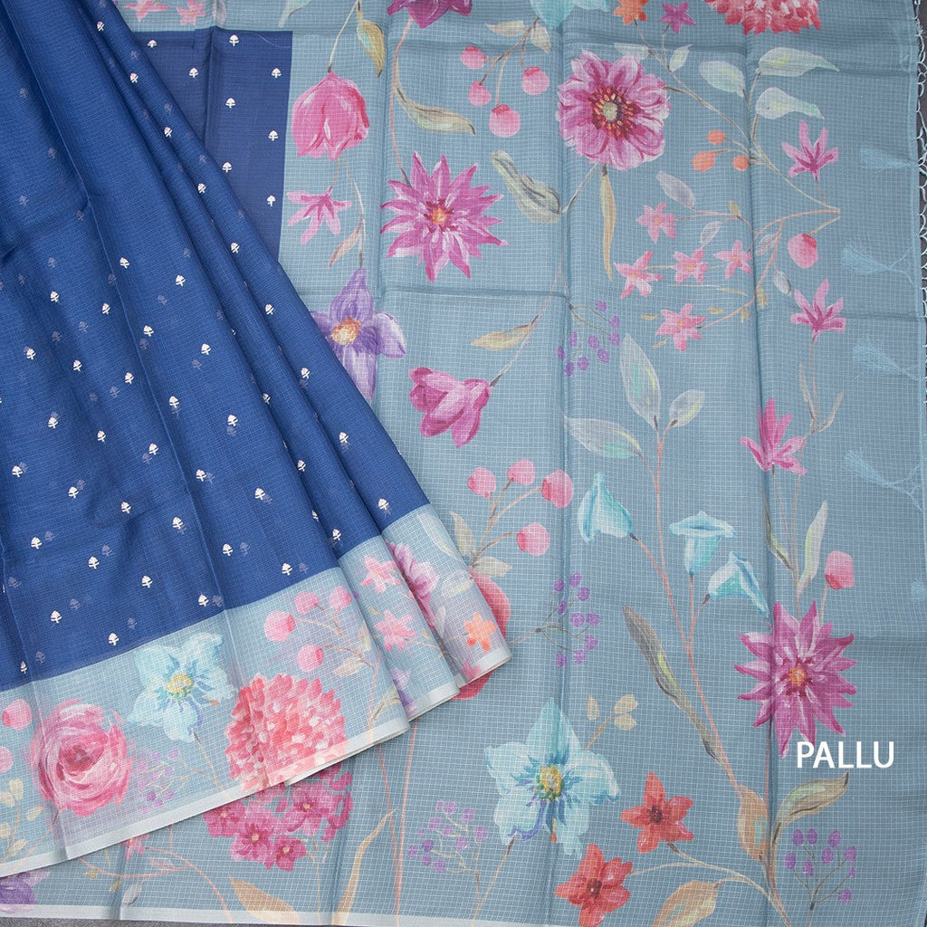 Kota Ink Blue Saree With Thread Buttas And Printed Border
