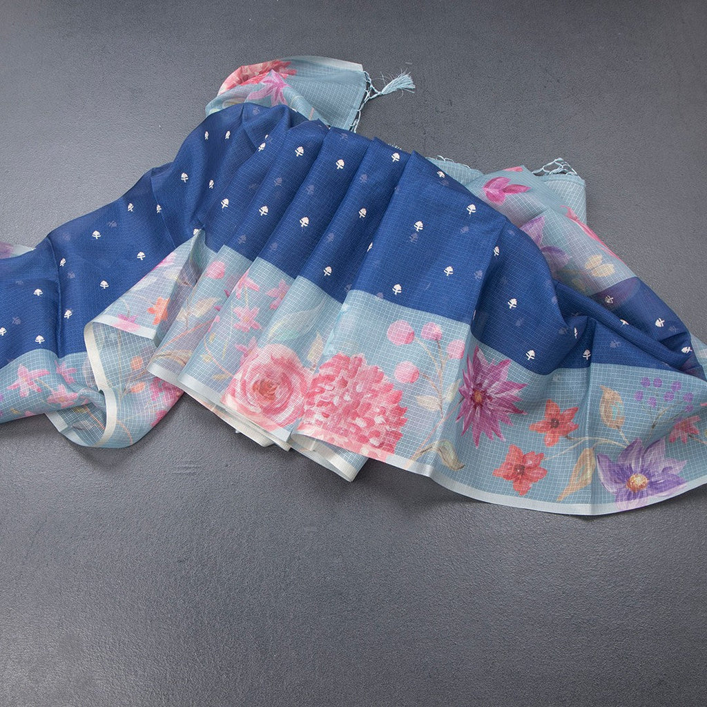 Kota Ink Blue Saree With Thread Buttas And Printed Border