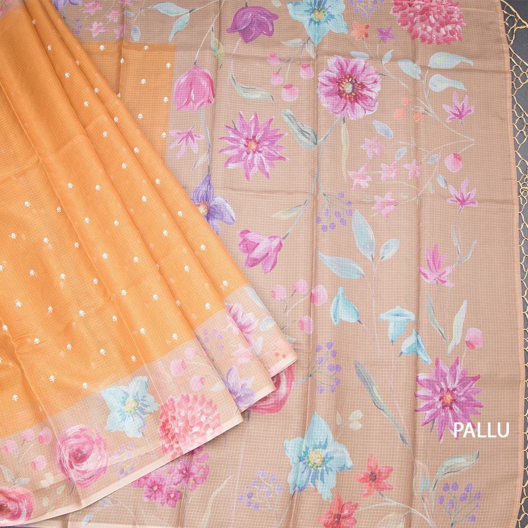 Kota Mustard Saree With Thread Buttas And Printed Border