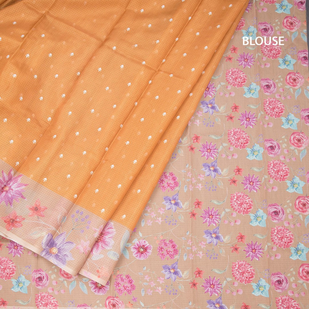Kota Mustard Saree With Thread Buttas And Printed Border