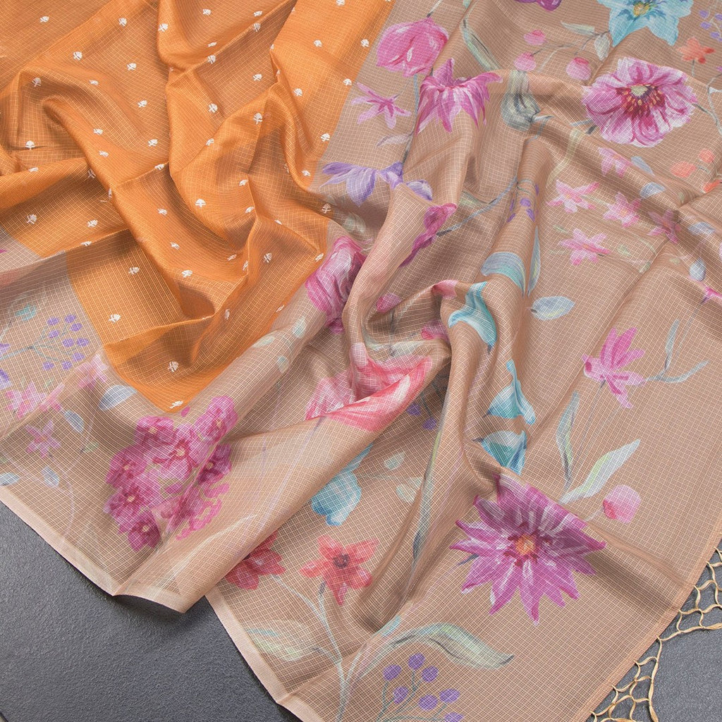 Kota Mustard Saree With Thread Buttas And Printed Border - Kumaran Silks