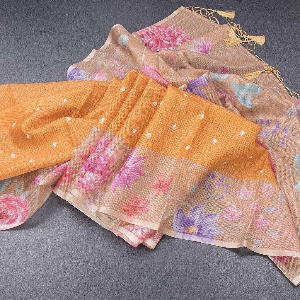 Kota Mustard Saree With Thread Buttas And Printed Border