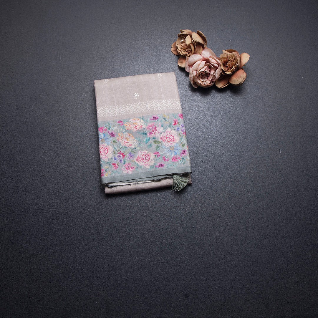 Tussar Light Brown Saree With Thread Buttas And Printed Border