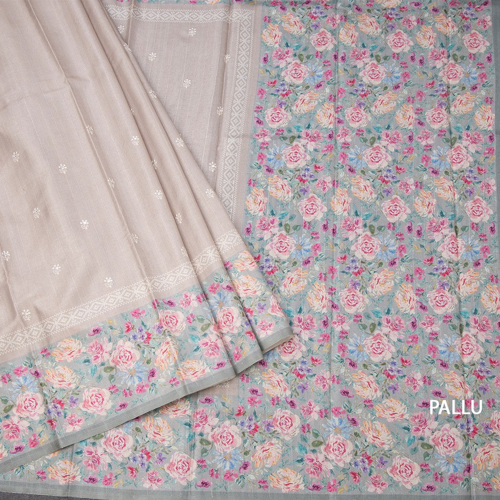 Tussar Light Brown Saree With Thread Buttas And Printed Border
