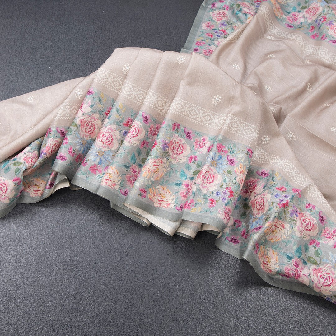Tussar Light Brown Saree With Thread Buttas And Printed Border