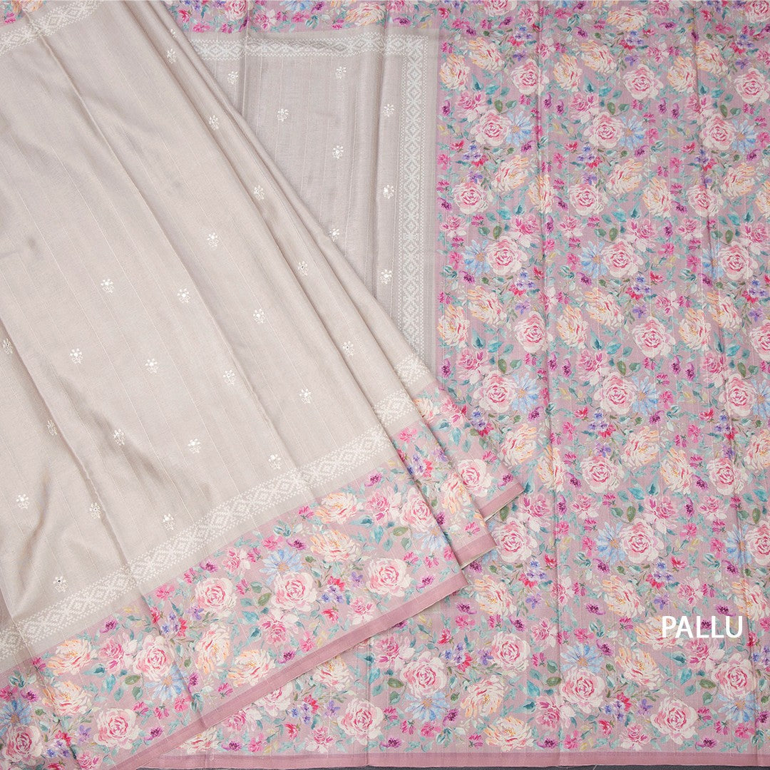 Tussar Light Brown Saree With Thread Buttas And Printed Border 02