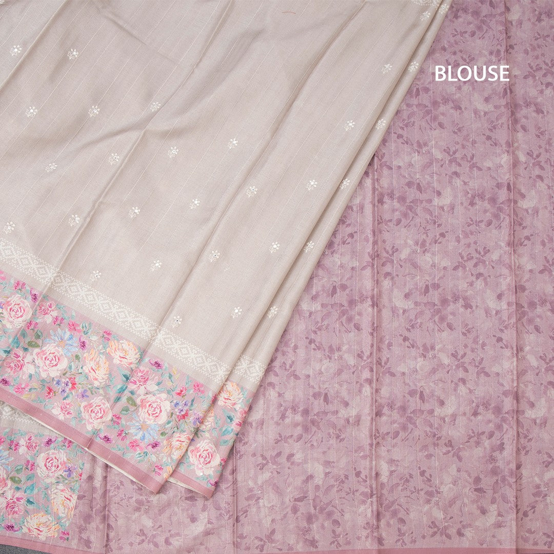 Tussar Light Brown Saree With Thread Buttas And Printed Border 02