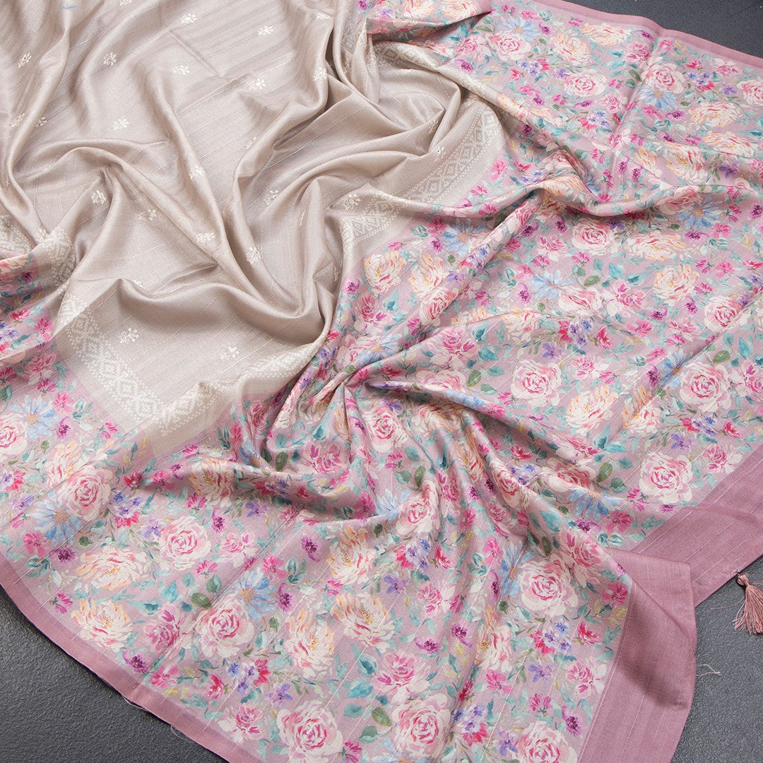 Tussar Light Brown Saree With Thread Buttas And Printed Border 02 - Kumaran Silks