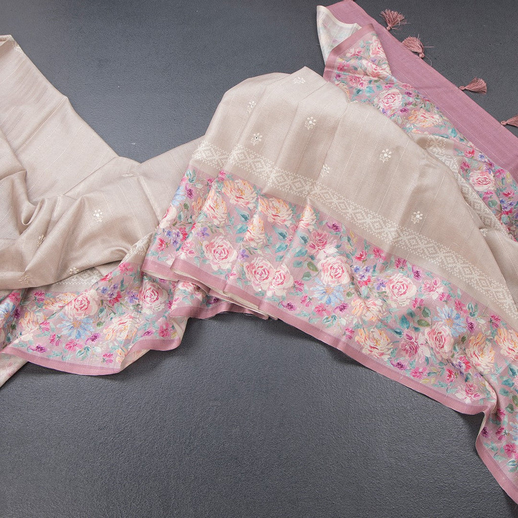 Tussar Light Brown Saree With Thread Buttas And Printed Border 02