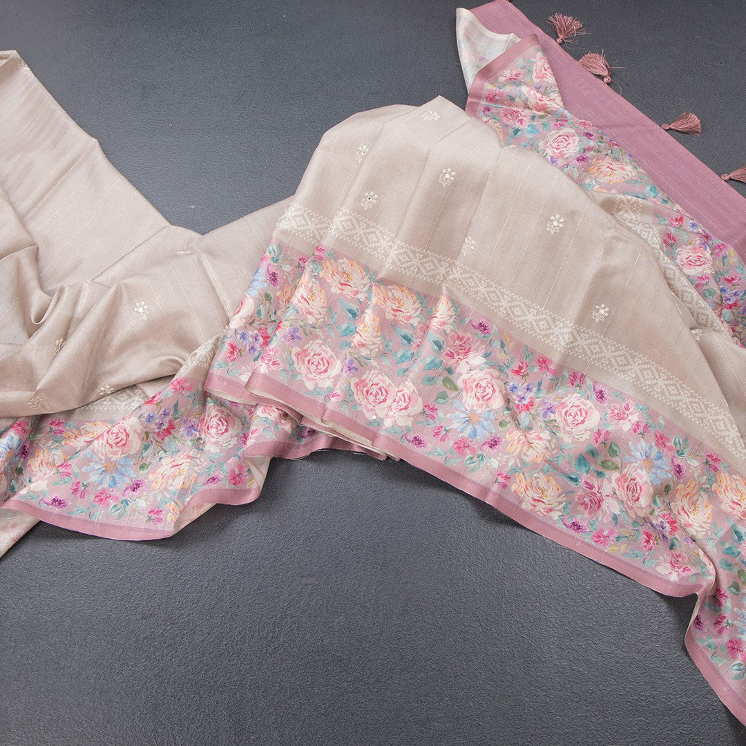 Tussar Light Brown Saree With Thread Buttas And Printed Border 02