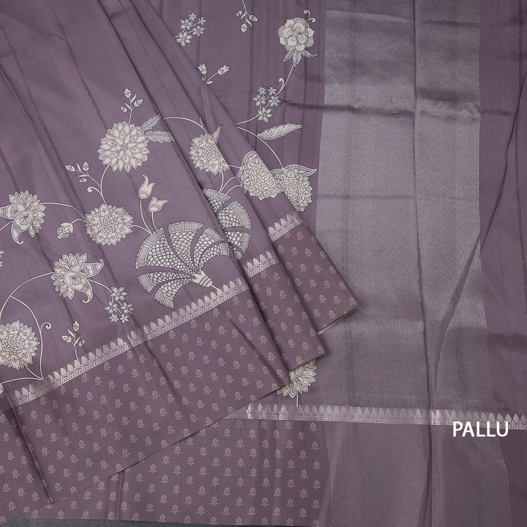 Raw Silk Wine Colour Floral Printed Saree 02