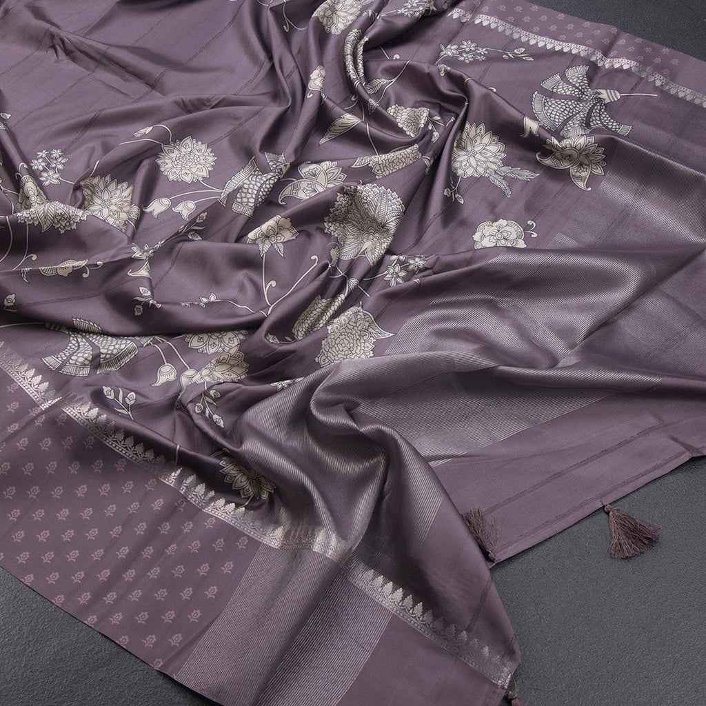 Raw Silk Wine Colour Floral Printed Saree 02 - Kumaran Silks
