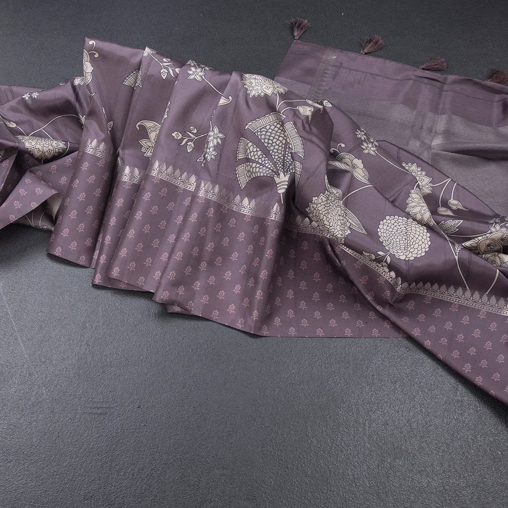 Raw Silk Wine Colour Floral Printed Saree 02