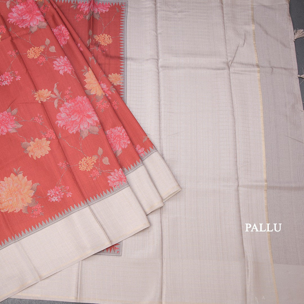 Tussar Maroon Floral Printed Saree And Zari Checks Border
