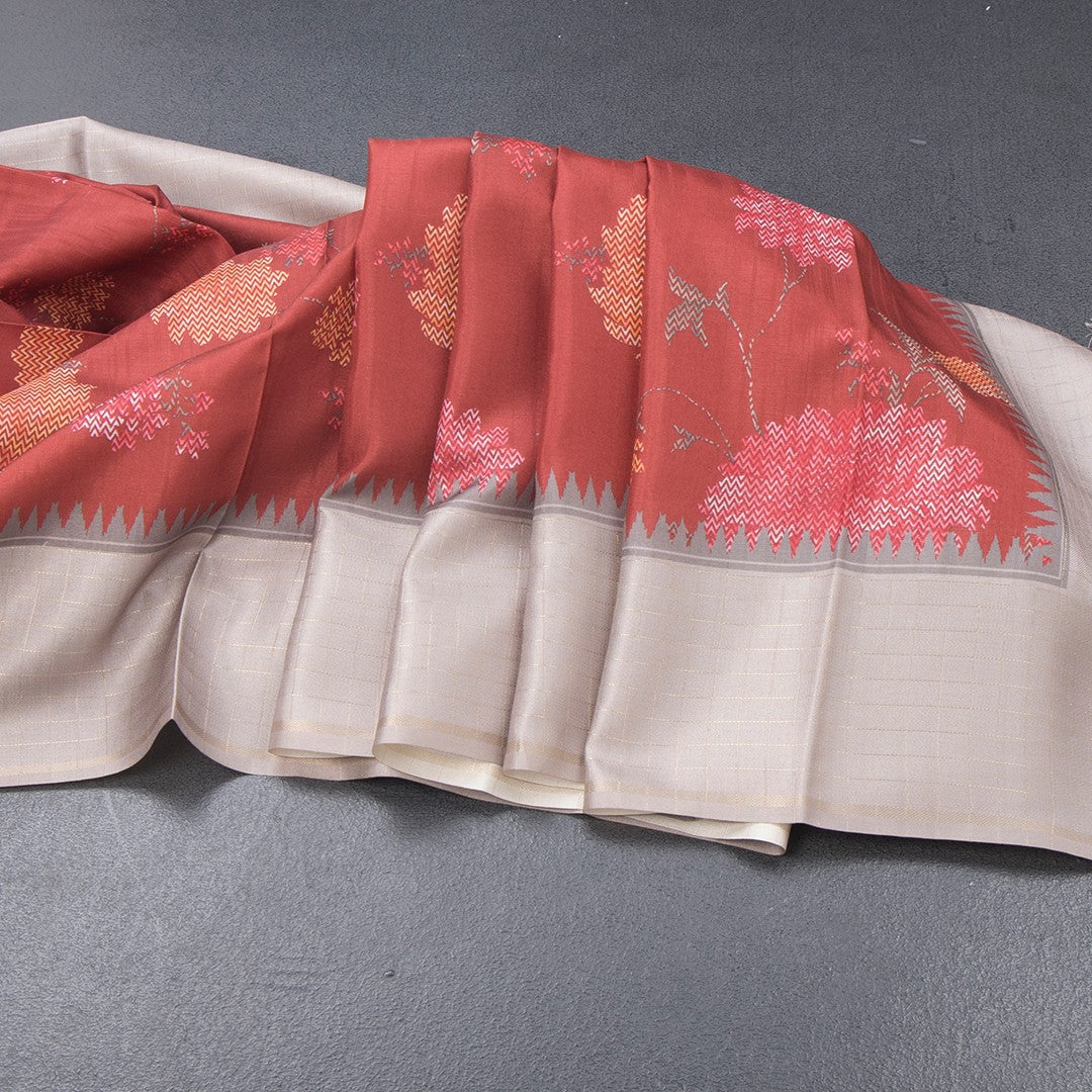 Tussar Maroon Floral Printed Saree And Zari Checks Border