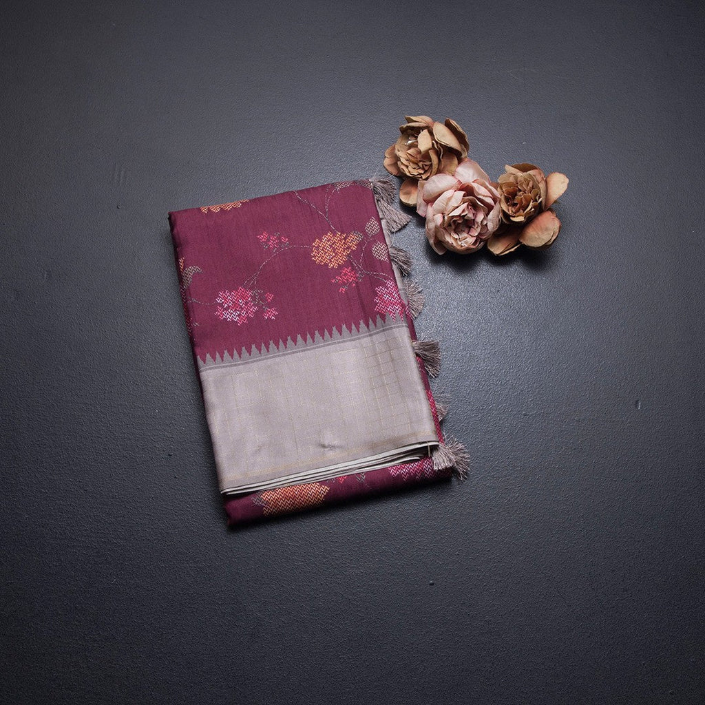 Tussar Wine Floral Printed Saree And Zari Checks Border