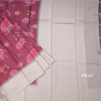 Tussar Wine Floral Printed Saree And Zari Checks Border