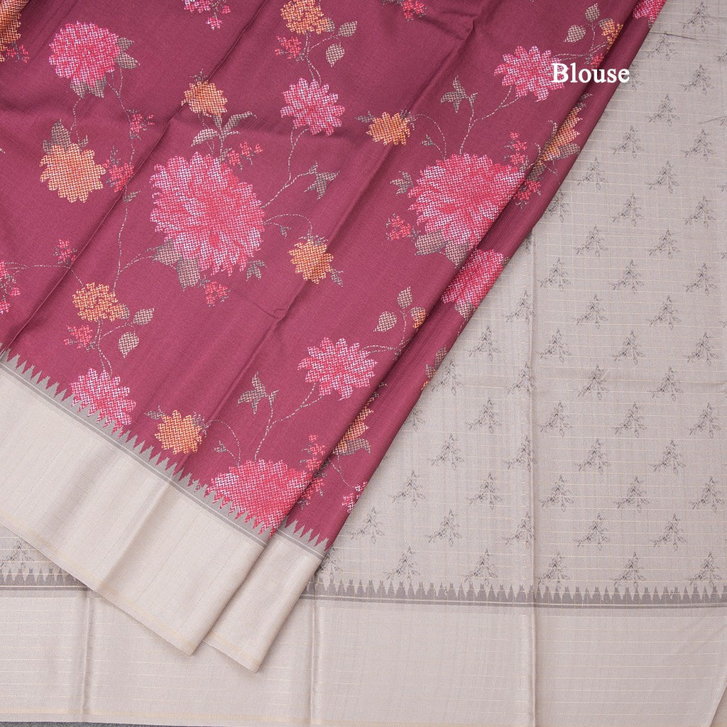 Tussar Wine Floral Printed Saree And Zari Checks Border