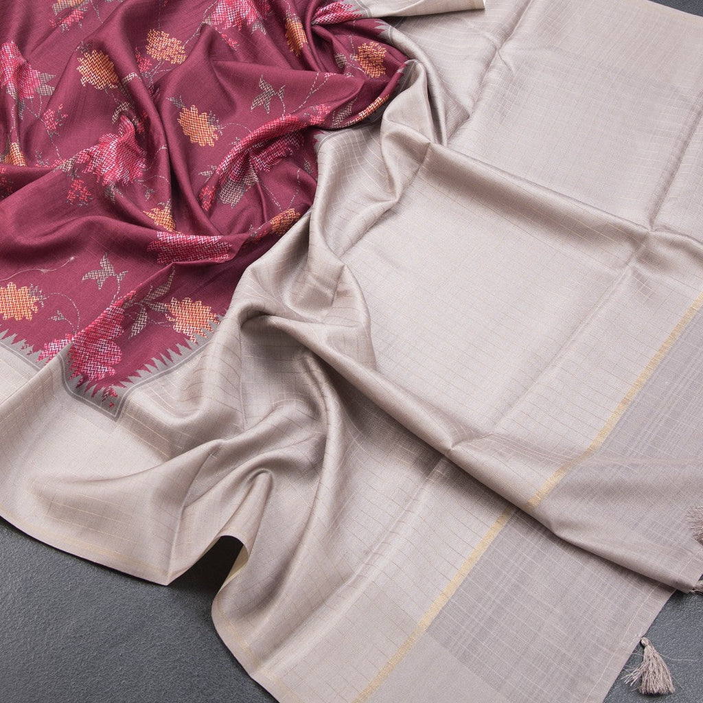 Tussar Wine Floral Printed Saree And Zari Checks Border - Kumaran Silks