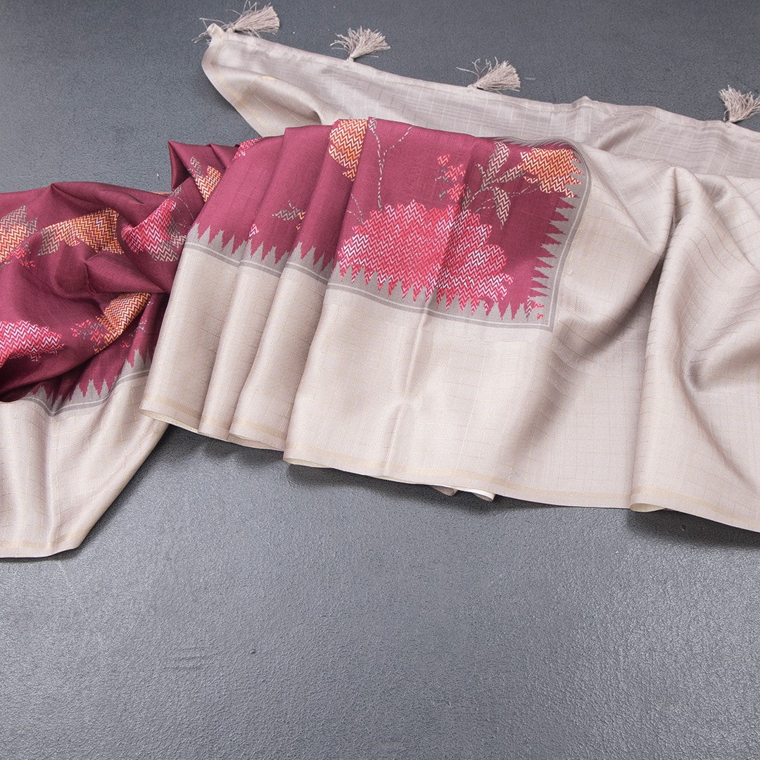 Tussar Wine Floral Printed Saree And Zari Checks Border