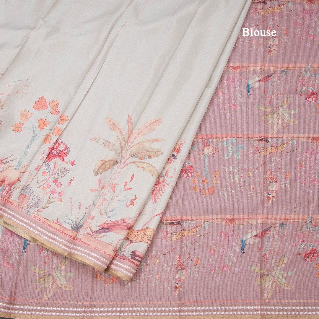 Raw Silk Cream Printed Saree With Forest Design 02