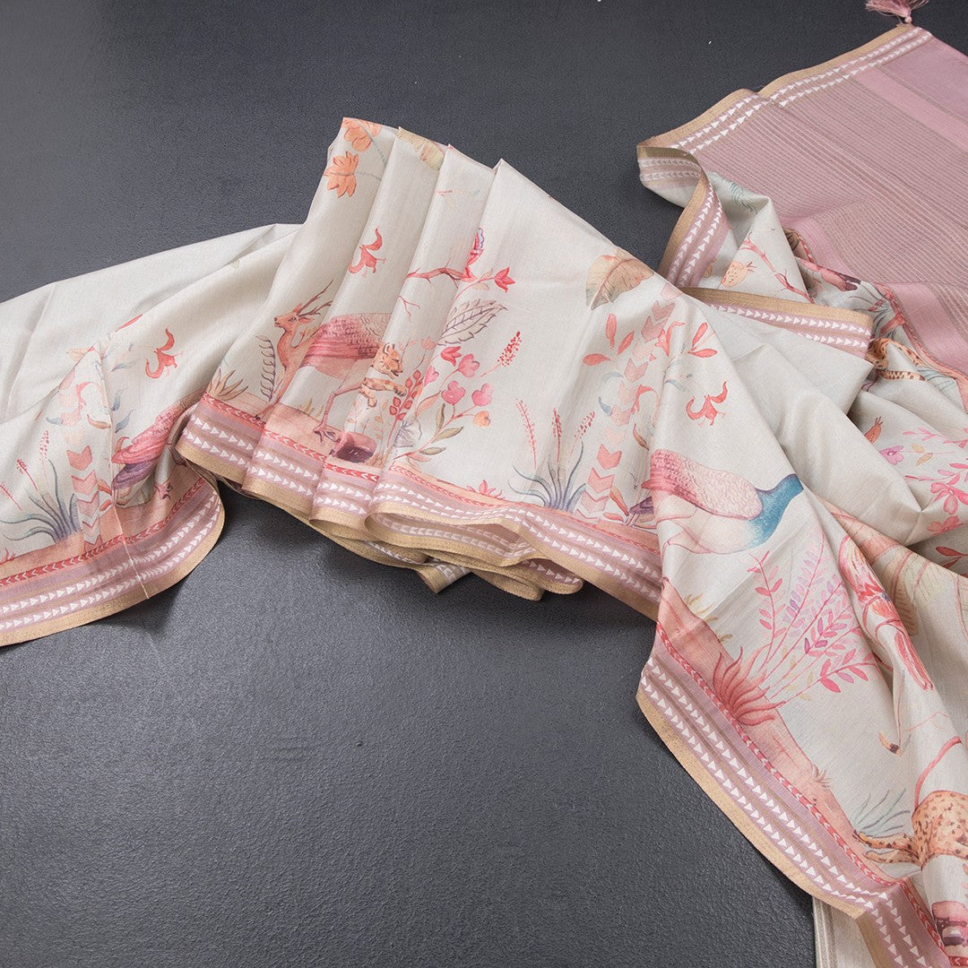 Raw Silk Cream Printed Saree With Forest Design 02