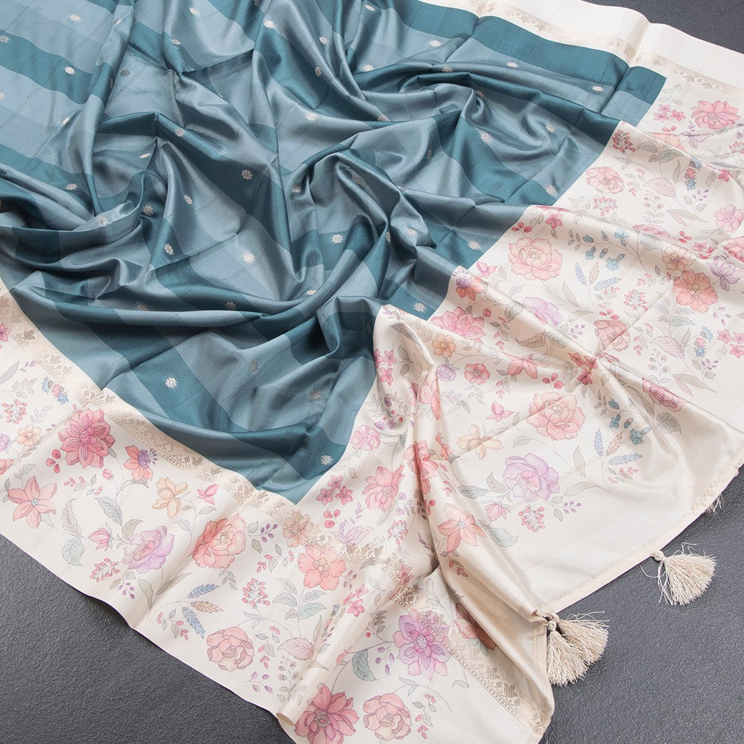 Raw Silk Multi Colour Saree With Zari Buttas And Printed Border 02 - Kumaran Silks